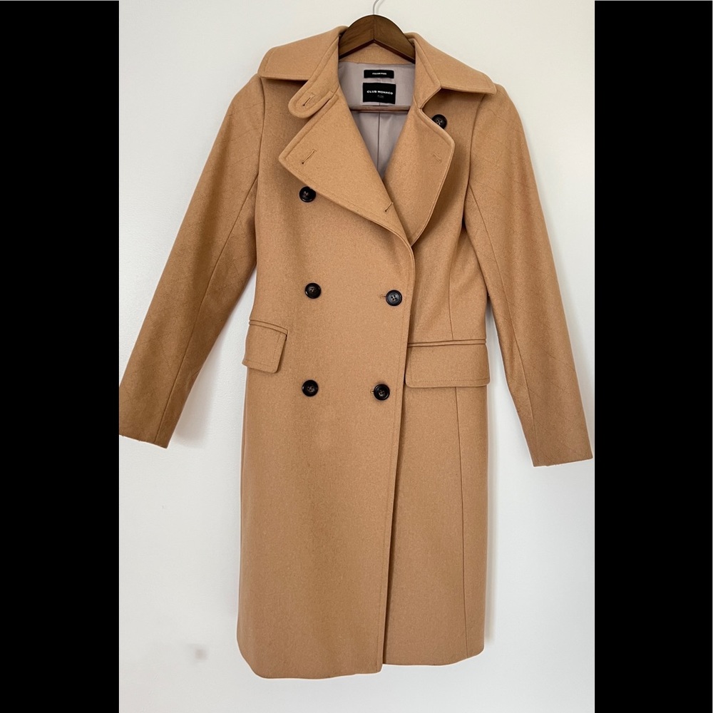 CLUB MONACO CAMEL WOOL SLIM TAILORED COAT